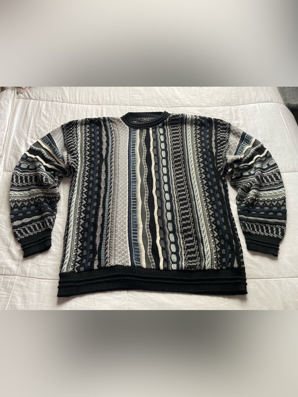 Vintage 90s Mens Protege Gray 3D Textured Knit Crewneck Sweater Large Chunky USA